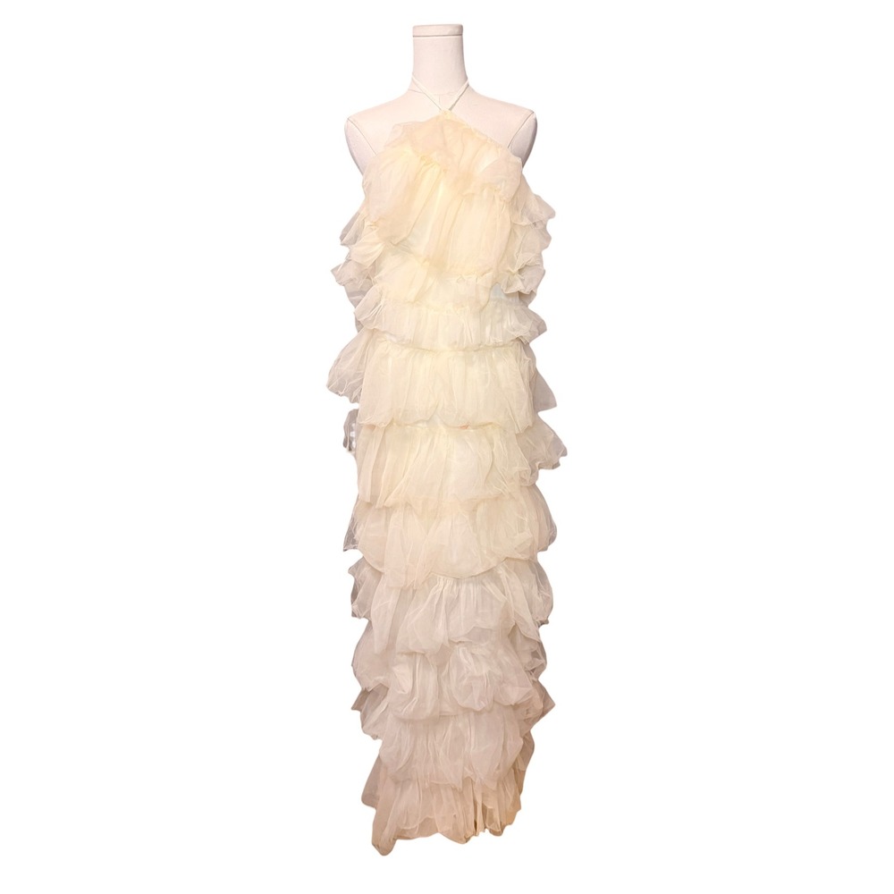 The Post Cream Tulle Ruffle Halter Maxi Gown Dress Size M MD3359